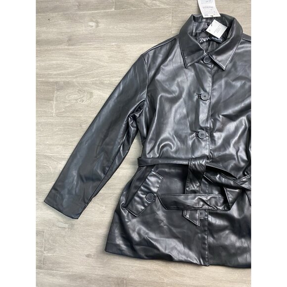 Zara Black Faux Leather Short Trench Water Repellent Jacket Women’s Size Small - Picture 10 of 13